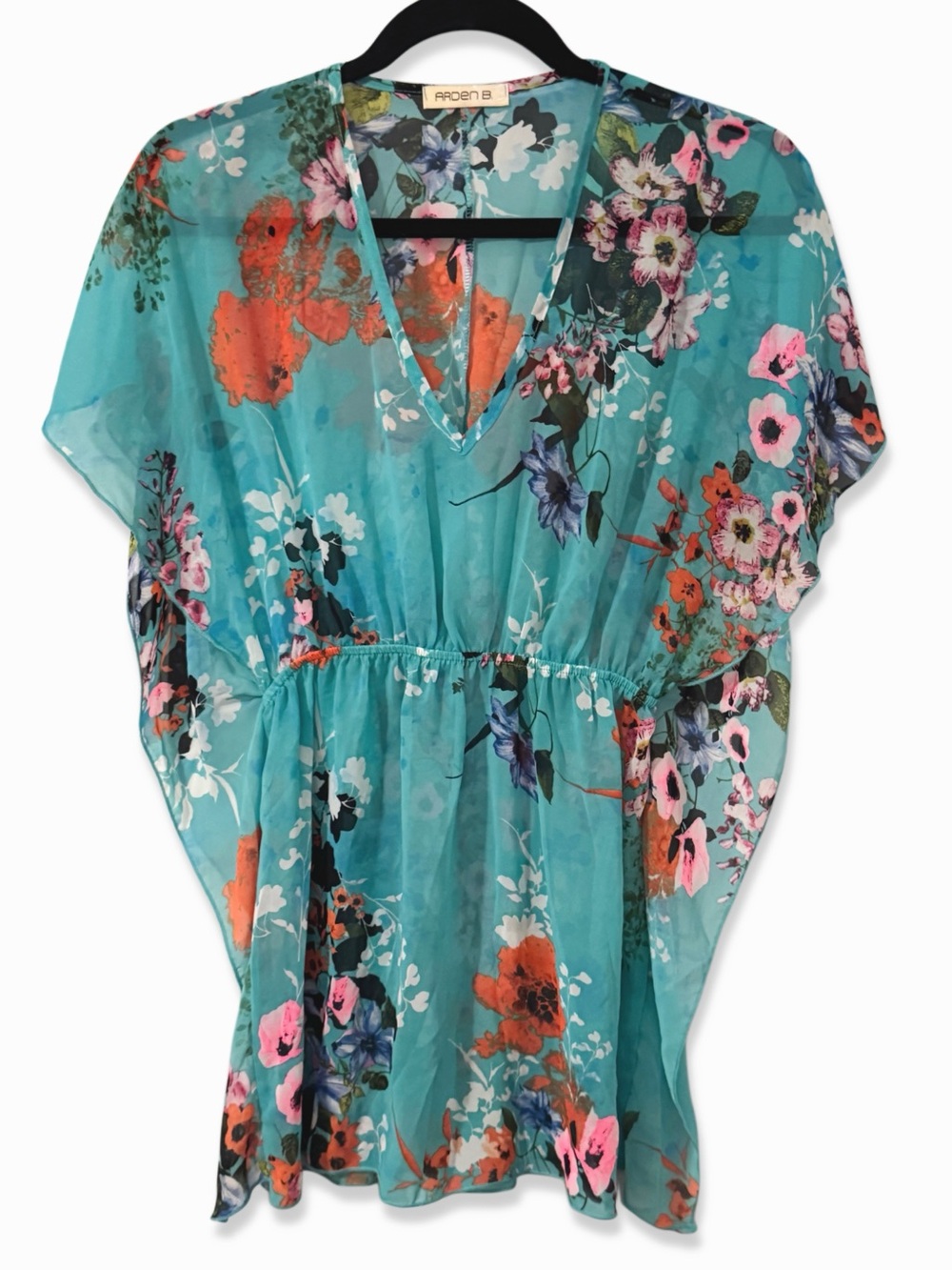 Arden B Turquoise Floral Sheer V-Neck Tunic Cover-Up